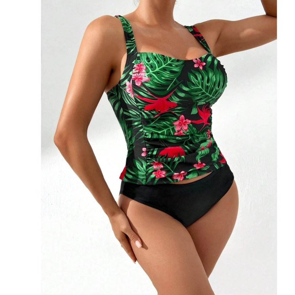 Bikini Tankini Swimsuit Black Tropical Print Ruched | Size L Large NEW Two 2 pc